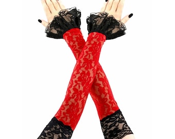 Elegant red lace fingerless gloves black ruffled gothic lady vampire glamour womens romantic victorian elastic sleeves, handmade burlesque