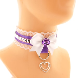 Purple luxury collar choker pyramids choker necklace satin lace with a gem bow with o ring with heart pendant neko jewelry
