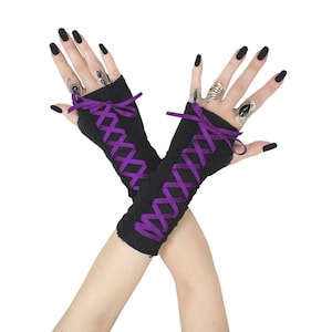 Black purple gothic fingerless gloves, womens goth mittens thumb holes costume gloves, womens evening gloves lacing corset short warmers emo