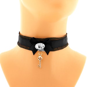 Black Lace Choker Necklace: Gothic Skull Key Pendant, Satin Bow Handmade Size XS - 3XL