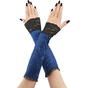 Elegant black blue velvet gloves with lace victorian burlesque glamour evening gothic sleeves vampire fingerless glove costume halloween