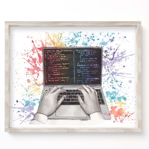 May include: A watercolor illustration of a laptop with code on the screen. The laptop is surrounded by colorful paint splatters. The hands of a person are typing on the keyboard.