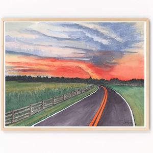 May include: Watercolor painting of a winding road with a wooden fence on the left side. The road leads into the distance with a bright orange and red sunset in the background.