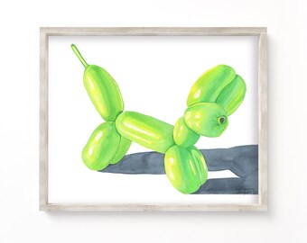 Balloon Animal Dog | Green | Watercolor Painting | ART PRINT