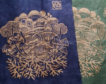 Mushlove (Green or Blue)- 30x40 cm golden handmade linocut print, home decor, art print, fungi art, nature prints, mycology