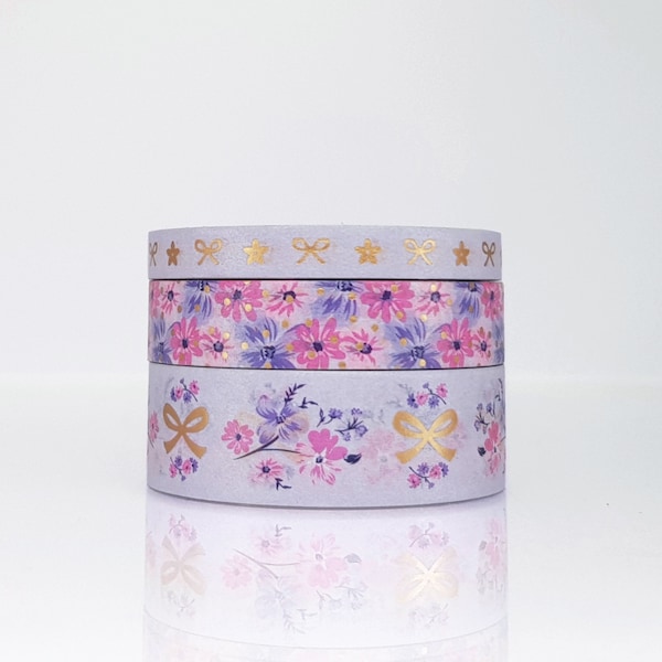 Pink & Purple Floral Washi Tape set with Rose Gold foil accents, 15mm 10mm 6mm Bow Washi Tape, Decorative Adhesive Tape, Foil Washi Tape