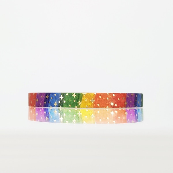 Rainbow Watercolour Striped 5mm Washi Tape with Gold foil accents, Rainbow Colored Washi Tape, Gold foil Washi Tape, Skinny Washi