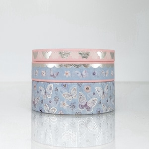 Blau & Pink Schmetterling Floral Washi Tape-Set mit Silberfolie Akzente, Folie Jakobsmuschel und Schmetterling, dekoratives Klebeband, japanisches Reispapier
