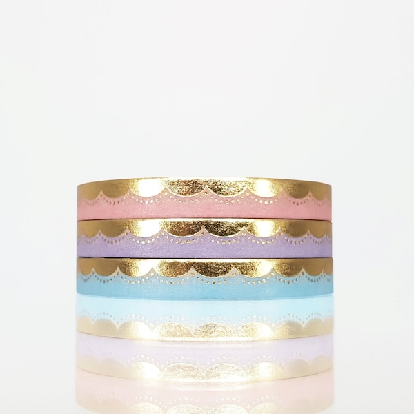 Pink, Purple & Blue 6mm Washi Tape set with Gold foil Scallops and Jewellery Dots, Gold Foil Scallop Washi, Skinny Washi Tape