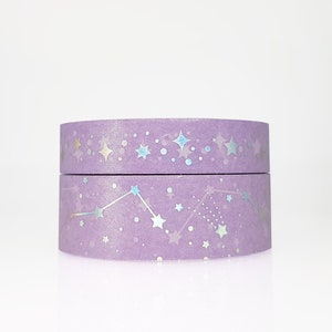 Purple Galaxy & Constellation Washi Tape set con detalles de lámina holográfica, Holo Foil Galaxy Washi, Star Washi Tape, Estrellas fugaces