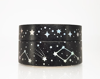 Black Galaxy & Constellation Washi Tape set with Holographic foil accents, Holo Foil Galaxy Washi, Celestial Star Washi Tape, Craft Tape