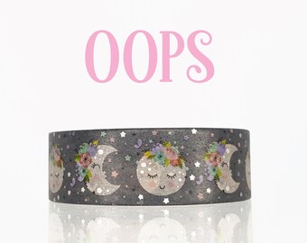 OOPS Grey Floral Moon 15mm Washi Tape with subtle Holographic foil accents, Grey Washi Tape, Holo foil Washi Tape, Moon Washi