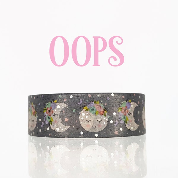 OOPS Grey Floral Moon 15mm Washi Tape with subtle Holographic foil accents, Grey Washi Tape, Holo foil Washi Tape, Moon Washi