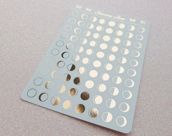 Moon Phase Icon Planner Stickers - Foiled, White or Clear Foil Moon Phases, RS096