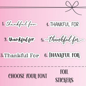 Pegatinas de agradecimiento con texto en inglés "Thankful For", transparentes o blancas, para diario de gratitud, con letras mayúsculas y minúsculas