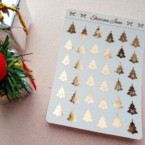 Foil Christmas Tree Countdown Planner Stickers, White or Clear Christmas Countdown Stickers, Xmas Planner Stickers, RS031