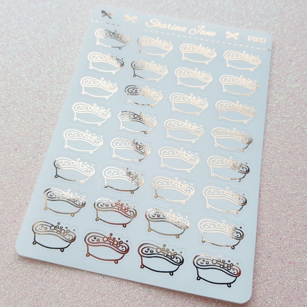 Bath Tub Icon Planner Stickers - Foiled, White or Clear Foil Bath Time Stickers, Self Care Bubble Bath Stickers, Pet Care Stickers, RS013