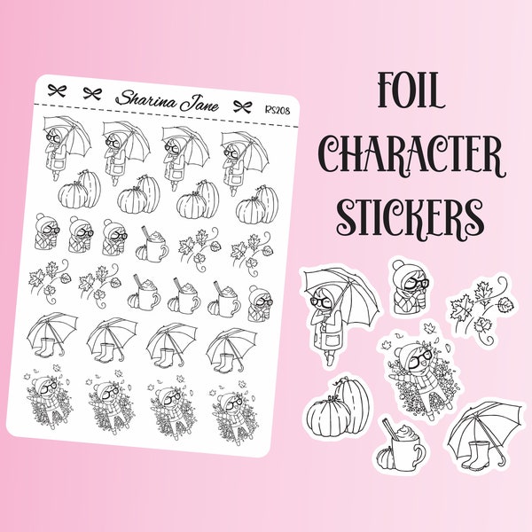 Sally-Ann Autumn Fall Foil Character Planner Stickers, Pumpkin Spice Stickers, Windy Icons, Wet Rainy Fall Weather Stickers, Autumn Leaves