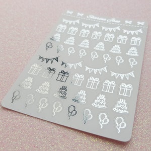 Pegatinas para planificadores de cumpleaños y celebraciones con papel metalizado, blancas o transparentes, con banderines e íconos de regalos, íconos de globos para obsequios de pasteles, pegatinas para fiestas, RS079