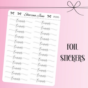 Folierte Tennis Script Planner Stickers, Sport Planner Stickers, Sporting Planner Words, klare oder weiße Aufkleber