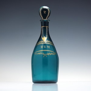 Georgian Peacock Blue Glass Club Decanter With Gilded Rum Label c1810