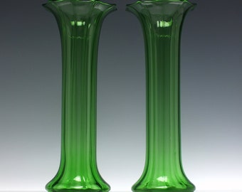Tall Victorian Art Nouveau Green Hyacinth Glass Vase c1900