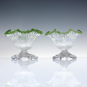 Pair Victorian Wrythen Green Crimped Glass Berry Bowls c1885