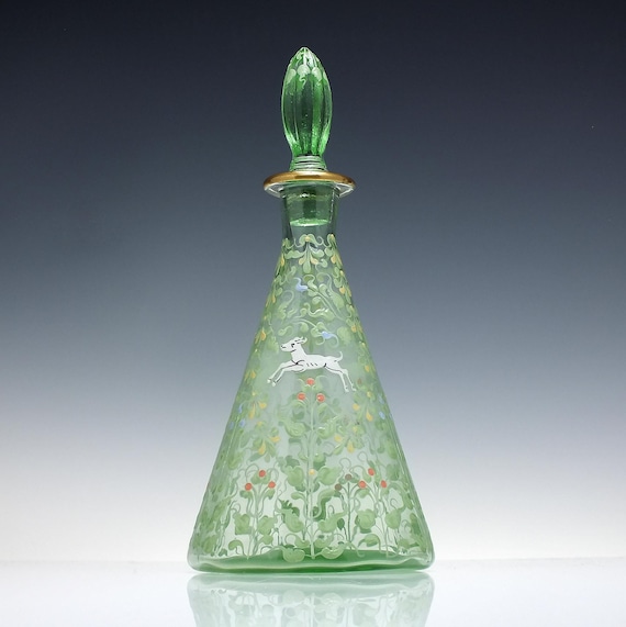 Rare Antique Moser Enamelled Decanter, Six Glasses and Tray, Glass