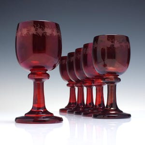 Six Antique Engraved Ruby Red Wine Glasses c1900