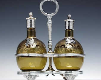 Antique Amber Glass Decanter Set: Gilded Silver Plated Spirit Flagons, c1860