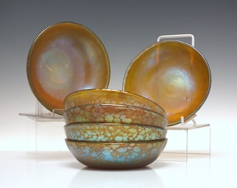 Six Loetz Iridescent Candia Papillon Glass Bowls c1905