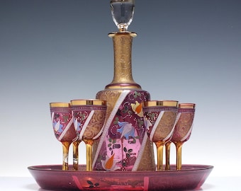 Rare Antique Bohemian Hand Enamelled Glass Liquor Bar Set c1900
