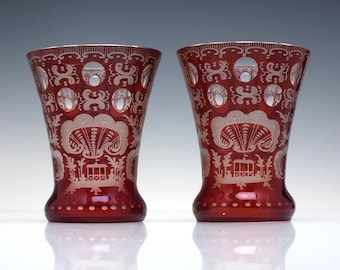 Pair Bohemian Engraved Ruby Glass Tumblers c1880