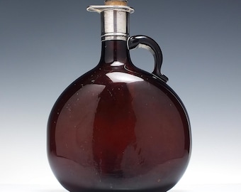 Victorian Amber Glass Flagon or Decanter with Solid Silver Cap and Collar 1865