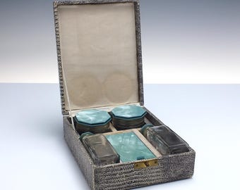 Art Deco Green Mother of Pearl Glass Perfume Cologne Bottle Vanity Set c1930 - in Original Box