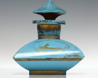 19th Century French Blue Opaline Gilded Glass Perfume Bottle c1860
