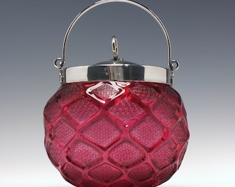 Antique Victorian Cranberry Glass Biscuit Barrel c1890