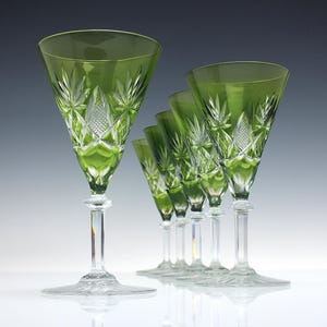 Six Val St Lambert Green Wine Glasses c1950