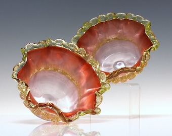 Pair Victorian Vaseline & Cranberry Glass Strawberry or Sweetmeat Dishes c1880
