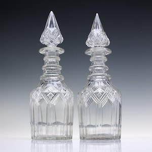 Pair Of Victorian Gothic Spire Glass Decanters c1850