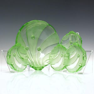 Walther & Sohne Art Deco Vaseline Glass Salad and Serving Bowls c1930