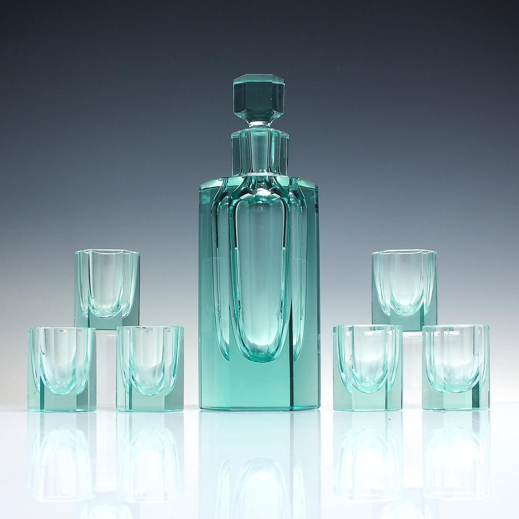 Original Moser Marked Art Deco Glass Decanter and Six Matching
