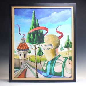 Vintage Original Acrylic Painting on Canvas &#39;Castle Road, Red Ribbon&#39; by Richard Cafiero c1980