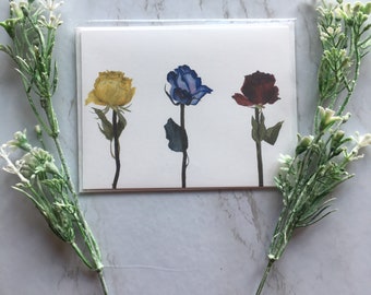 Watercolor Red, Yellow, and Blue Roses Blank Greeting Card | Blank Floral Notecard | Watercolor Flowers Notecard, Watercolor Roses Notecard