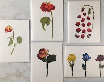 Red Roses Watercolor Blank Greeting Card Set | Watercolor Floral Notecards | Blank Floral Notecards | Dried Flower Cards Flower