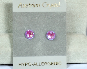 Pink Round Crystal Hypoallergenic Stud Earrings, 6mm Faceted Round Austrian Crystal Studs, Electric Pink Violet Color