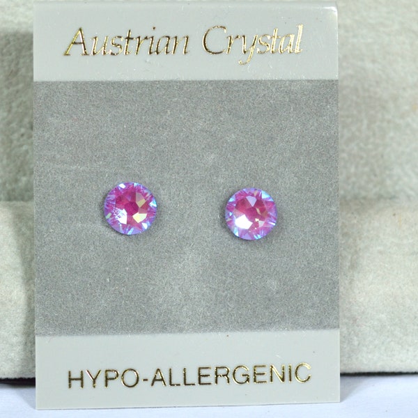 Pink Round Crystal Hypoallergenic Stud Earrings, 6mm Faceted Round Austrian Crystal Studs, Electric Pink Violet Color