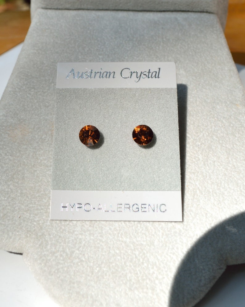 Brown Crystal Stud Hypoallergenic Earrings, 7mm Round Faceted Austrian Crystal Earrings, Smoky Topaz Crystal Color image 4