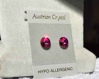 Pink Crystal Stud  Hypoallergenic Earrings, 8mm Faceted Round Austrian Crystal Studs, Color Name: Fuchsia