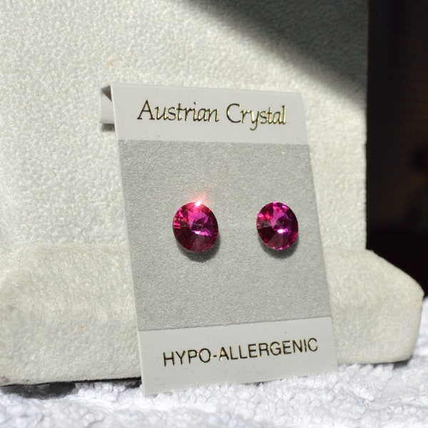 Pink Crystal Stud  Hypoallergenic Earrings, 8mm Faceted Round Austrian Crystal Studs, Color Name: Fuchsia